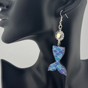 Blue Mermaid Tail Earrings-Handmade-laser cut wood statement jewelry